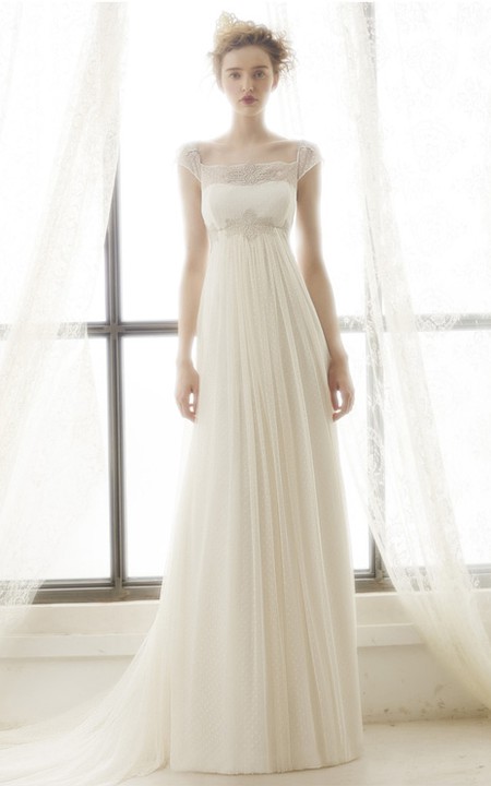 Bateau Cap-sleeve Tulle Empire Wedding Dress With Lace