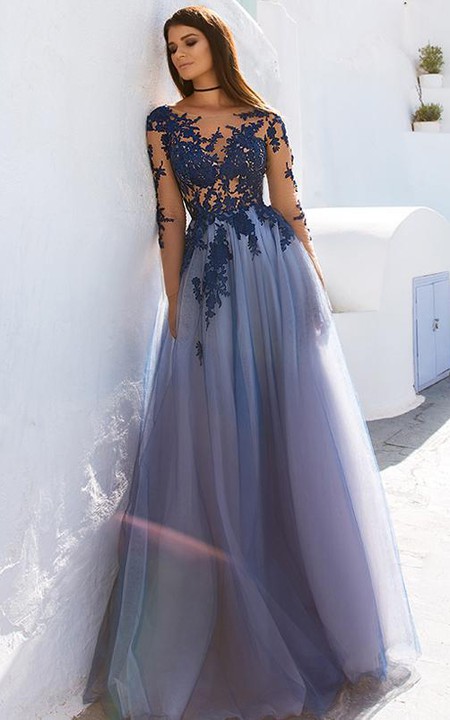 A Line Lace Tulle Bateau Long Sleeve Floor-length Evening Dress With Appliques