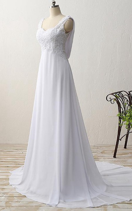 Strapped Chiffon A-line Empire Wedding Dress With Appliques And Sweep Train