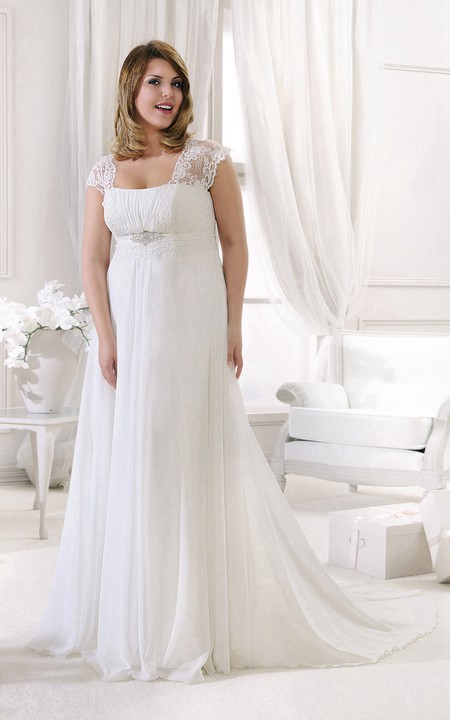 Chiffon Cap-sleeve Empire long Wedding Dress With Lace