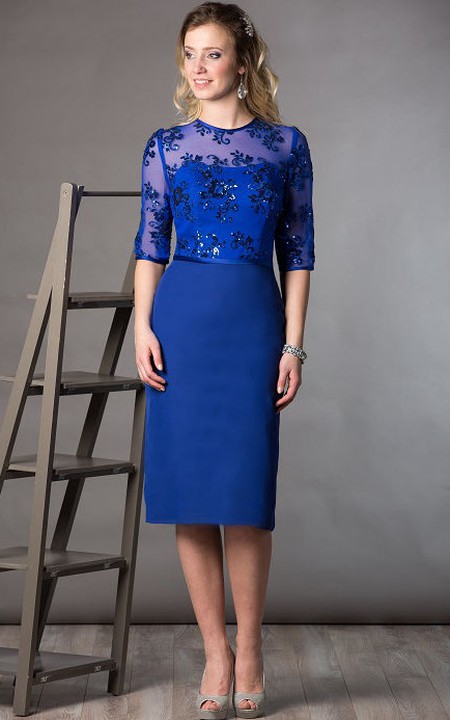 Jewel-Neck Half Sleeve Jersey Knee-length Dress With Illusion And Sequins 