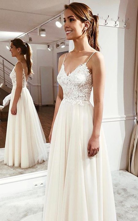 Simple Cute Spaghetti Bridal Gown With Lace Appliques And Ethereal Tulle Skirt