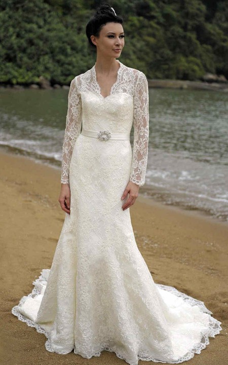 V-neck Long Sleeve lace Wedding Dress With Illusion And sweep train