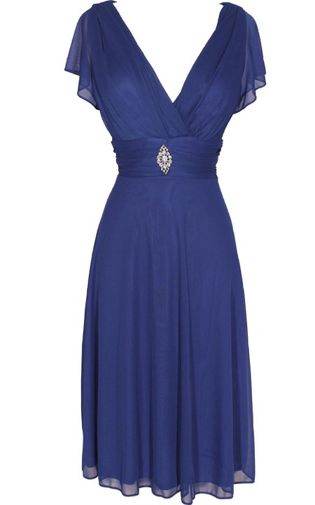 Midi-Length Jewel V-Neckline Short-Sleeve Chiffon Dress