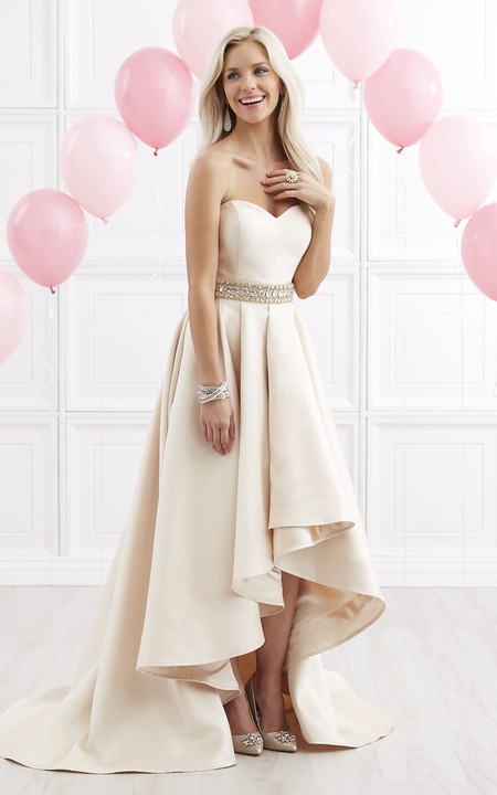 A-Line Draping Waist Jeweler High-Low Sweetheart Satin Strapless Zipper Dress