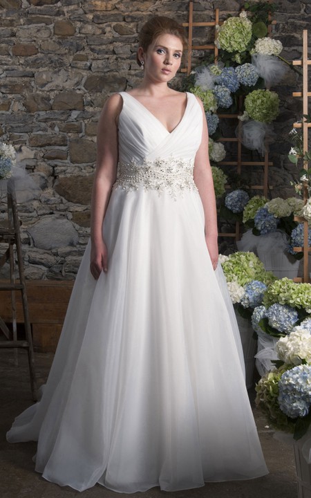 Plunged Sleeveless A-line Wedding Dress With Ruching And Jeweled Waist