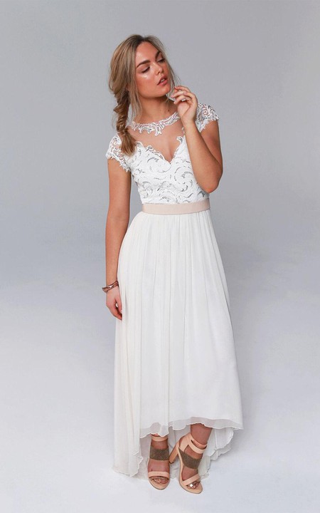 High-Low Lace Sequined Bodice Jewel-Neckline Illusion Wedding Gown