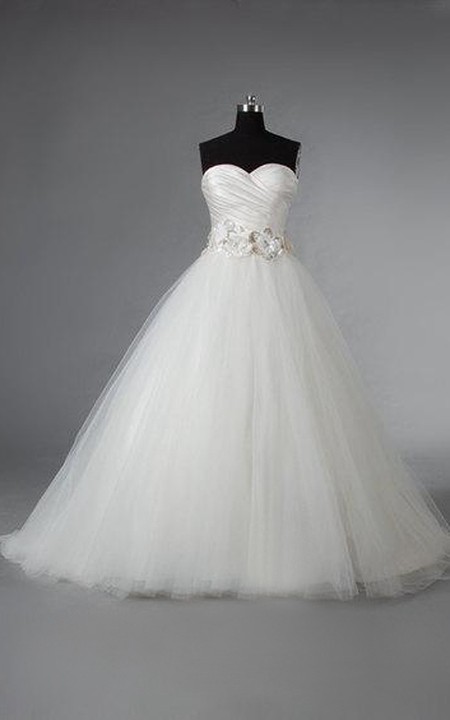 Ruched Crisscross Bodice Beaded Flowers Tulle Sweetheart Ball Gown