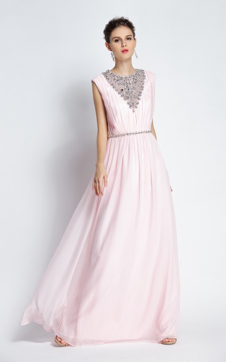 Floor-length A-Line Jewel Sleeveless Chiffon Prom Dress with Beading and Pleats