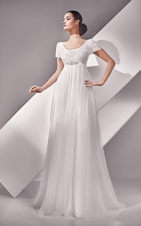 Scoop-Neck Crystal Short-Sleeve High-Waist Dress