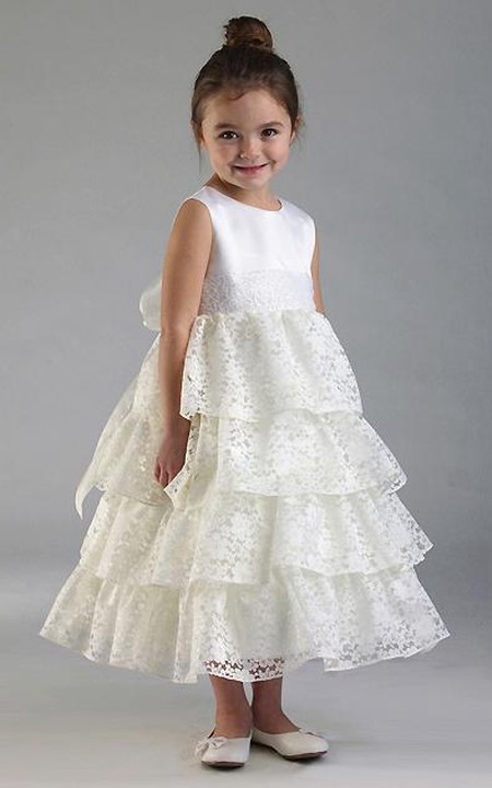 Sequined Lace 3-4-Length Flower Girl Dress