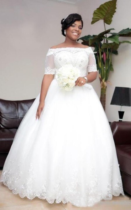 Off-the-shoulder Lace Tulle Illusion Half Sleeve Wedding Gown