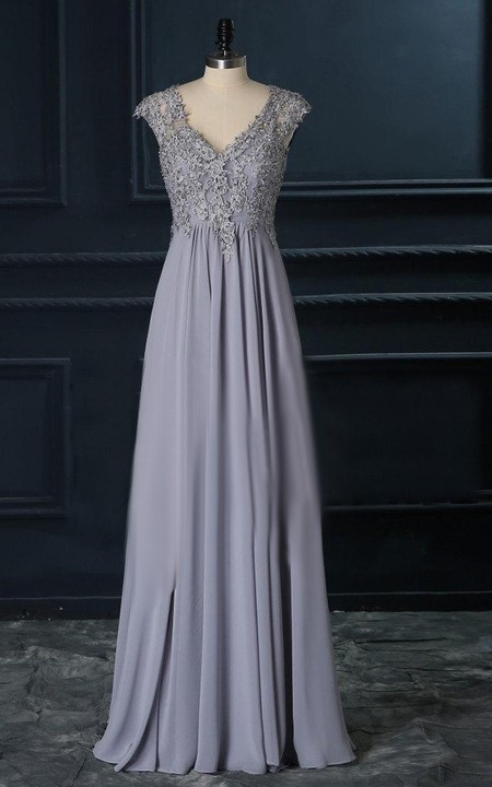 Long Lace Top A-Line V-Neckline Gown