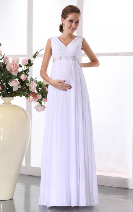 Pregnant Banded Waist Chiffon High-Waist V-Neckline Gown