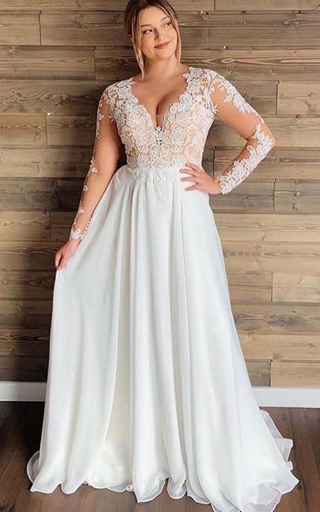 V-neck Chiffon Lace Long Sleeve Floor-length Button Illusion A Line Wedding Dress