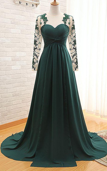 Green Chiffon Long Appliqued Long-Sleeve Elegant Dress