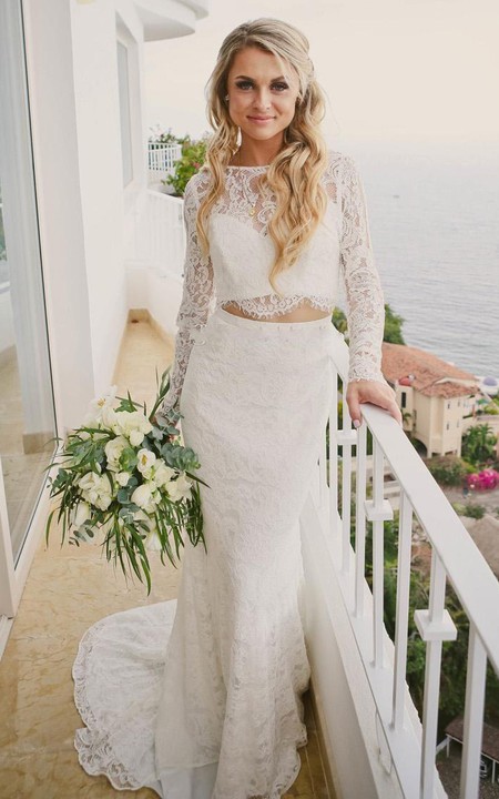 Romantic Modern Long Sleeve Lace Bateau Floor-length Two Piece Wedding Dress