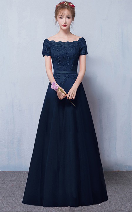 Off-the-shoulder Satin Lace Floor-length Formal Dress With Appliques