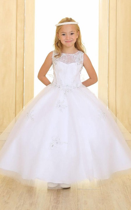 Tulle Illusion Layered Jeweled Lace Flower Girl Dress