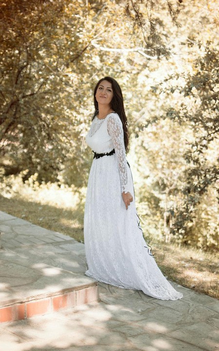 Scoop-neck Lace Long Sleeve Sheath Floor-length Dress With Appliqued waist