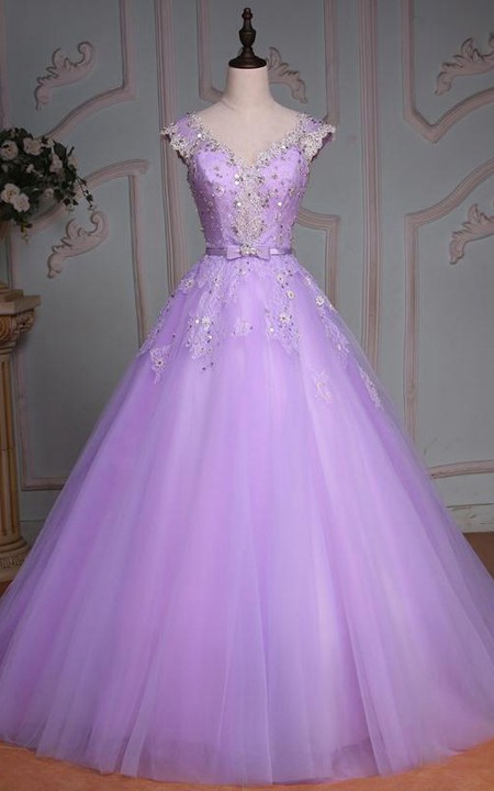 V-Neck Lace Tulle Bell Cap Floral Jeweled Corset Ball Gown