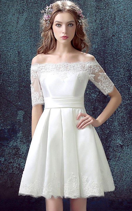 Short Lace A-Line Half-Sleeved Satin Dress