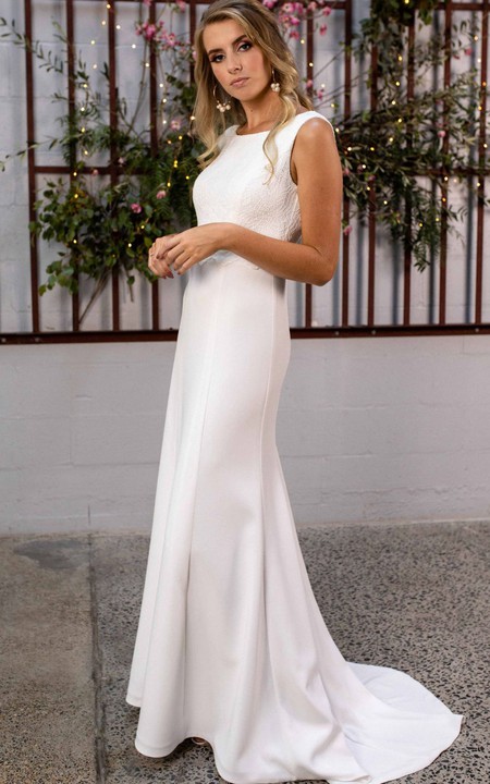 Elegant Bateau Sheath Satin Lace Floor-length Sweep Train Low-V Back Wedding Dress