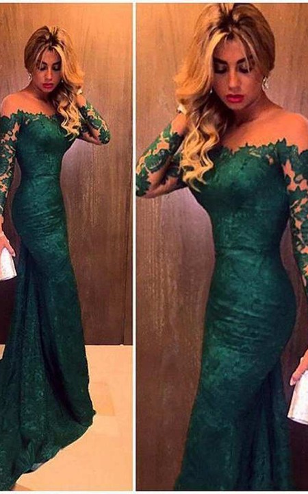 Mermaid Court Train Off-the-shoulder Illusion Long Sleeve Lace Dress with Pleats