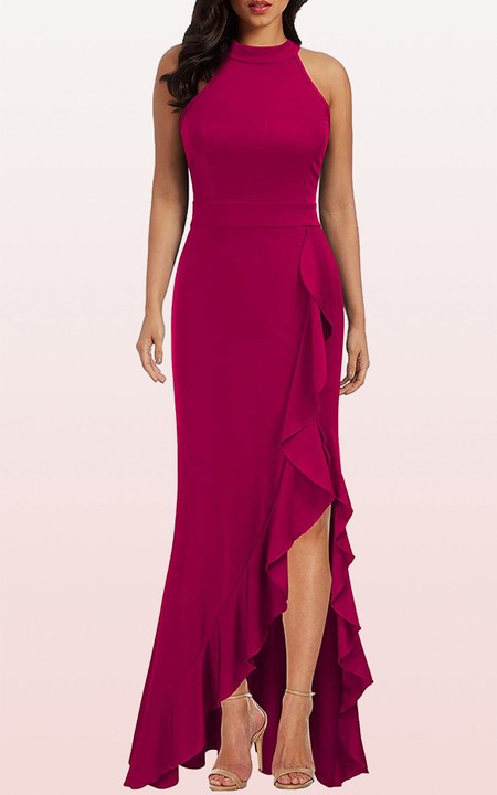Casual Halter Jersey Sheath Sleeveless Evening Dress With Ruffles and Split Front