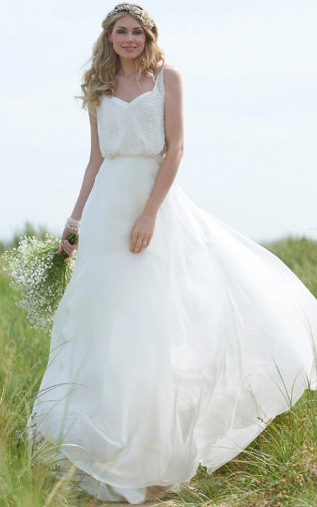 flowy Sleeveless Chiffon Lace Wedding Dress With Low-V Back