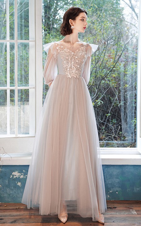 Ethereal Bateau Halter Off-the-shoulder Tulle Long Prom Formal Dress With Appliques
