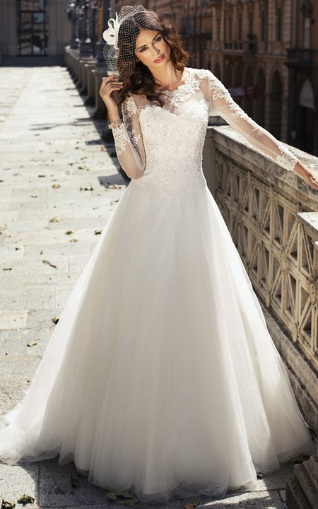 modern Long Sleeve Illusion tulle A-line Wedding Dress With Court Train