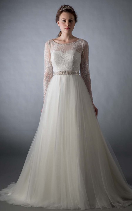 ethereal Long Sleeve Illusion Tulle A-line Wedding Dress With Beading And Lace