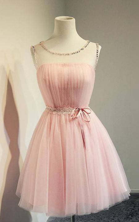 adorable Sleeveless Tulle short A-line Dress With Beading And Corset Back