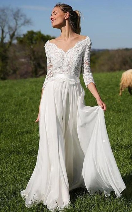 Elegant 3/4 Length Sleeve A Line V-neck Chiffon Lace Floor-length Wedding Dress