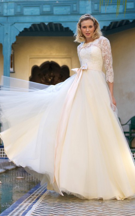 Bateau 3-4-sleeve Lace Illusion Tulle Wedding Dress With Bow