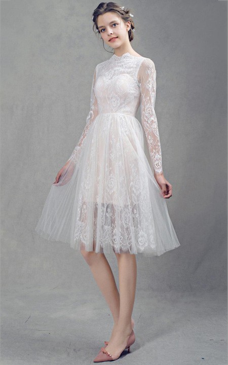 High Neck Illusion Long Sleeve Tulle Knee-length Wedding Dress With Lace