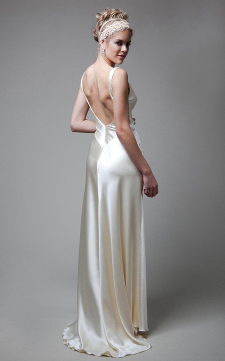 Deep-V-Back Satin High-Waist V-Neckline Wedding Long Gown