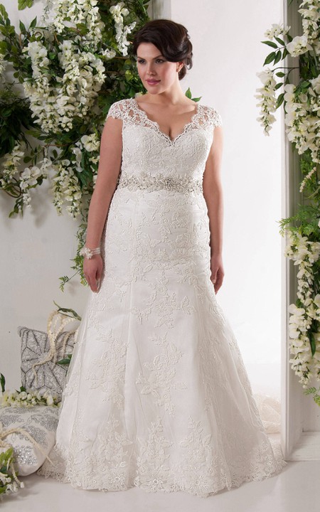 Cap-sleeve Plunged Lace Appliques Wedding Dress With Jeweled Waist And Corset Back