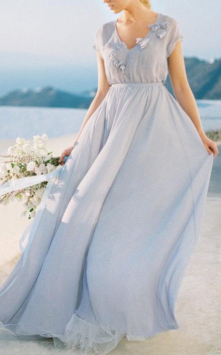 V-neck Short Sleeve Tulle Chiffon long Dress With Flower