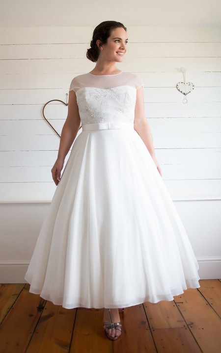 Jewel-Neckline Chiffon 3-4-Length A-Line Pleated Cap Dress