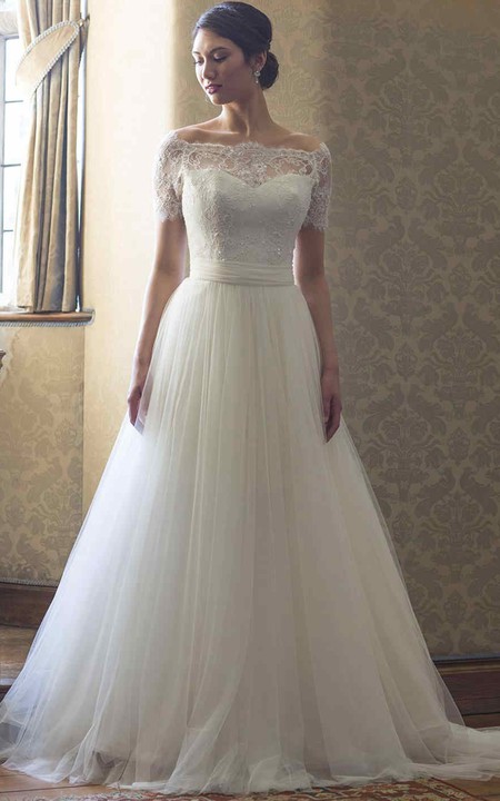 Bateau Short Sleeve Tulle A-line Gown With Lace And Sweep Train