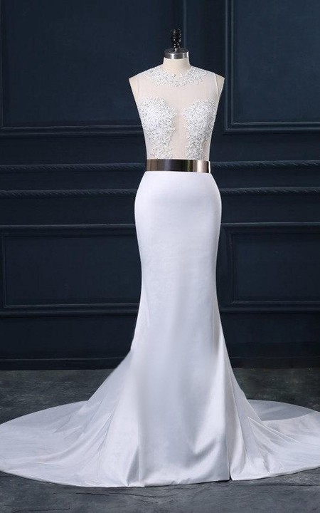 Lace Appliqued Wedding Tulle Fishtail Satin Dress