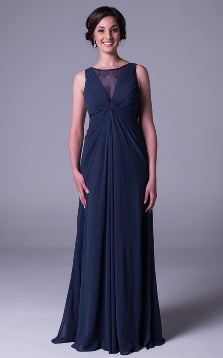 Scoop-neck Sleeveless Chiffon Dress With central Ruching And Illusion