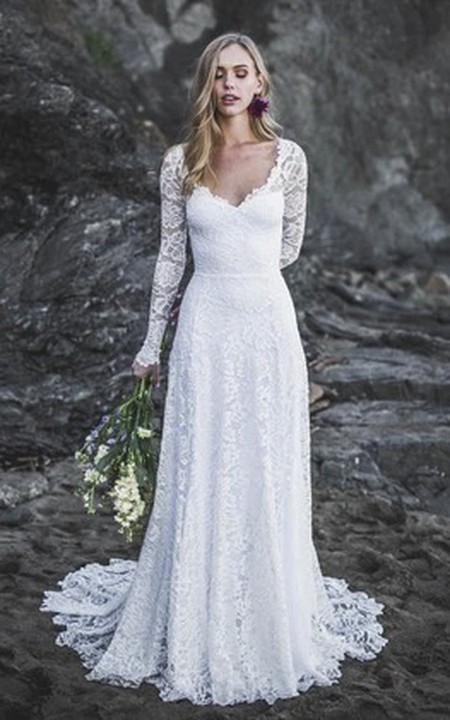 Sexy A-line Long Sleeve Lace Wedding Dress With V-neck And Keyhole