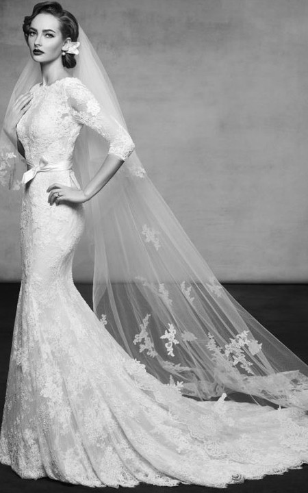 3-4-sleeve Mermaid Lace Wedding Dress With Chapel Train And Appliques