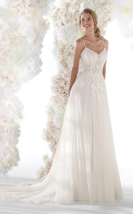 Ethereal Spaghetti Straps Open Back Tulle Bridal Gown With Lace Appliques And Ruching