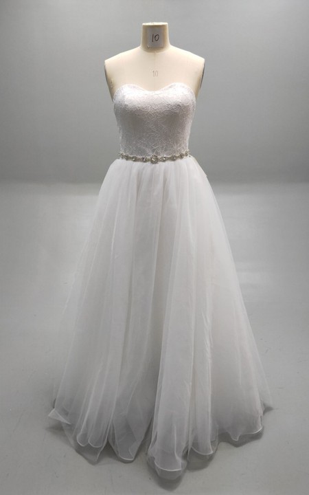 Princess Beaded Waistline Lace Bodice Pleated Sweetheart Ball Gown