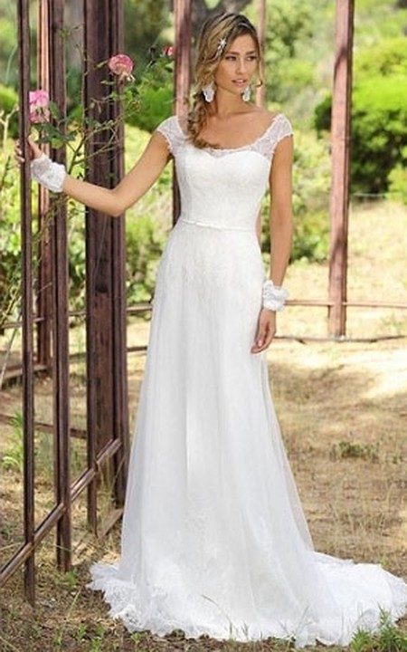 country style Cap-sleeve long Lace Wedding Dress With Sweep Train
