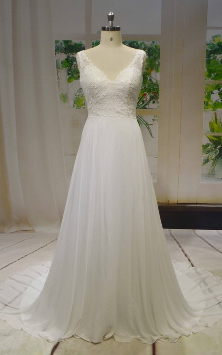 V-neck Sleeveless Chiffon A-line Wedding Dress With Lace Top And V-back Buttons